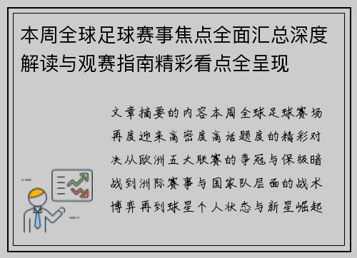 本周全球足球赛事焦点全面汇总深度解读与观赛指南精彩看点全呈现 本周全球足球赛事焦点全面汇总深度解读与观赛指南精彩看点全呈现