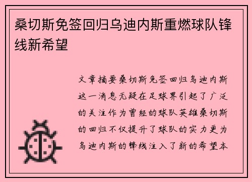 桑切斯免签回归乌迪内斯重燃球队锋线新希望 桑切斯免签回归乌迪内斯重燃球队锋线新希望