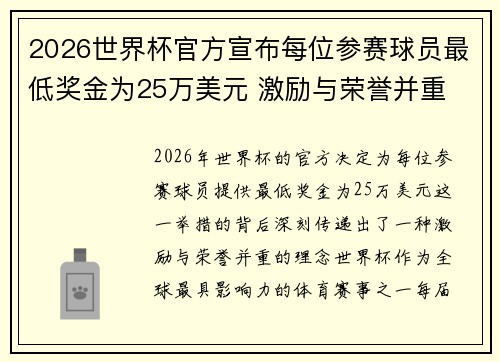 2026世界杯官方宣布每位参赛球员最低奖金为25万美元 激励与荣誉并重
